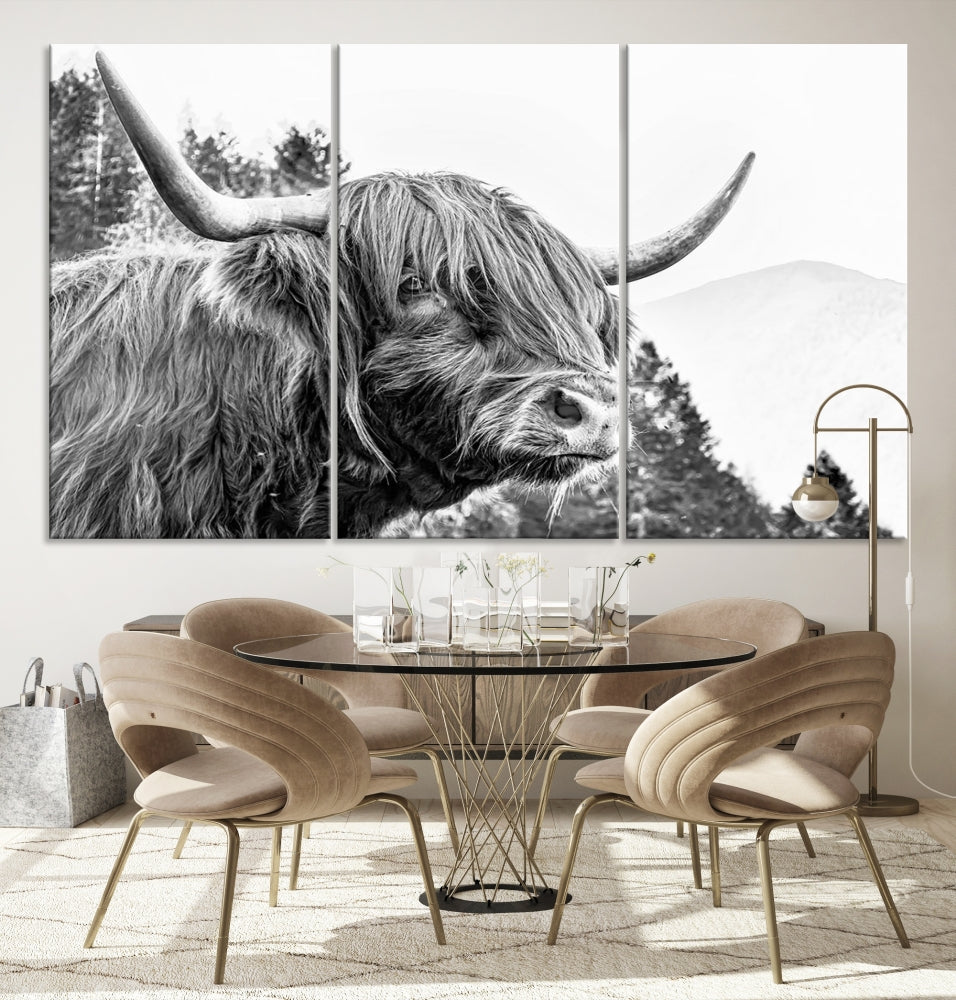 Black & White Highland Cow Wall Art Print, Scottish Cow Canvas Print, Framed Animal Farmhouse Wall Decor