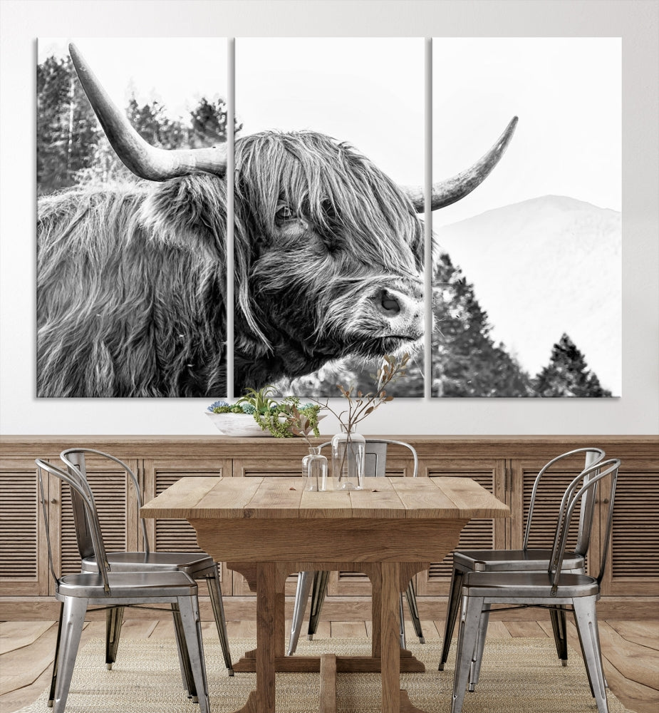 Black & White Highland Cow Wall Art Print, Scottish Cow Canvas Print, Framed Animal Farmhouse Wall Decor