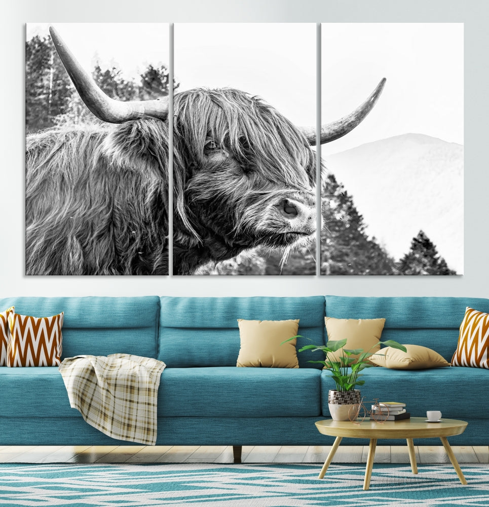 Black & White Highland Cow Wall Art Print, Scottish Cow Canvas Print, Framed Animal Farmhouse Wall Decor