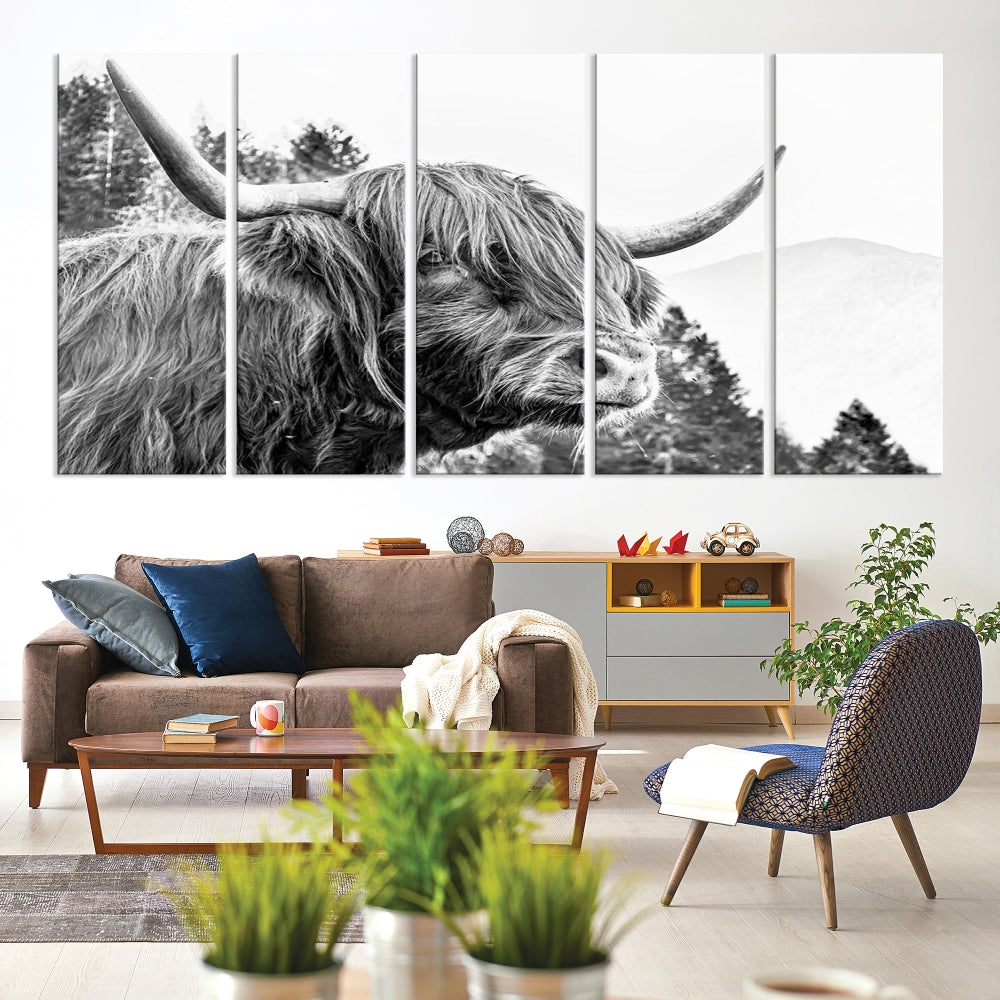 Black & White Highland Cow Wall Art Print, Scottish Cow Canvas Print, Framed Animal Farmhouse Wall Decor