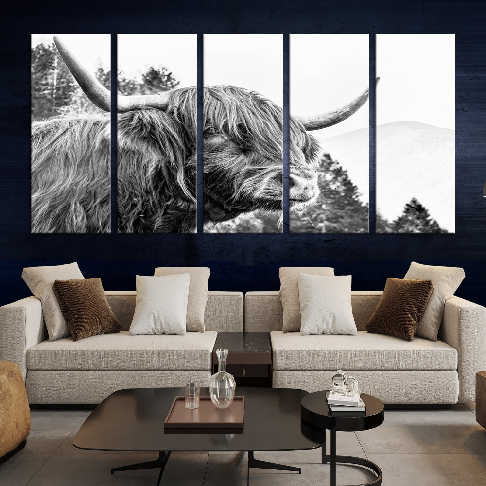 Black & White Highland Cow Wall Art Print, Scottish Cow Canvas Print, Framed Animal Farmhouse Wall Decor