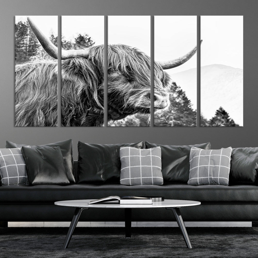 Black & White Highland Cow Wall Art Print, Scottish Cow Canvas Print, Framed Animal Farmhouse Wall Decor