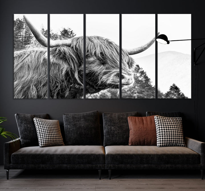 Black & White Highland Cow Wall Art Print, Scottish Cow Canvas Print, Framed Animal Farmhouse Wall Decor