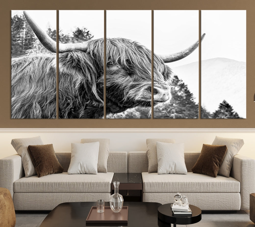 Black & White Highland Cow Wall Art Print, Scottish Cow Canvas Print, Framed Animal Farmhouse Wall Decor