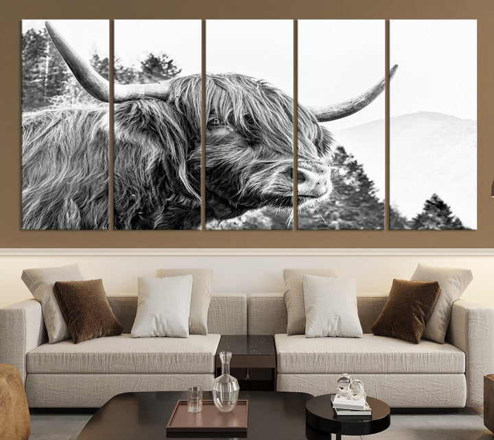 Black & White Highland Cow Wall Art Print, Scottish Cow Canvas Print, Framed Animal Farmhouse Wall Decor