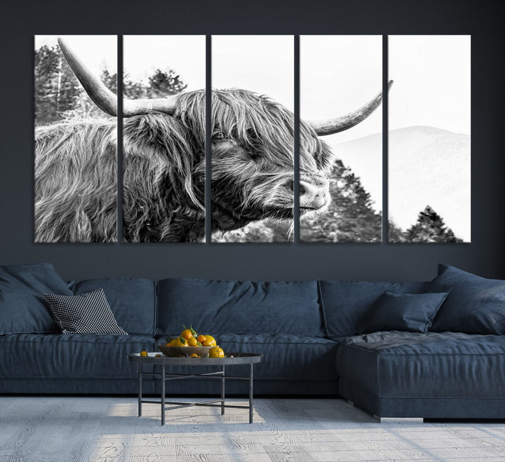 Black & White Highland Cow Wall Art Print, Scottish Cow Canvas Print, Framed Animal Farmhouse Wall Decor