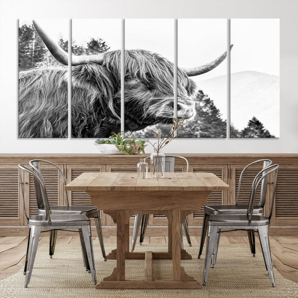 Black & White Highland Cow Wall Art Print, Scottish Cow Canvas Print, Framed Animal Farmhouse Wall Decor