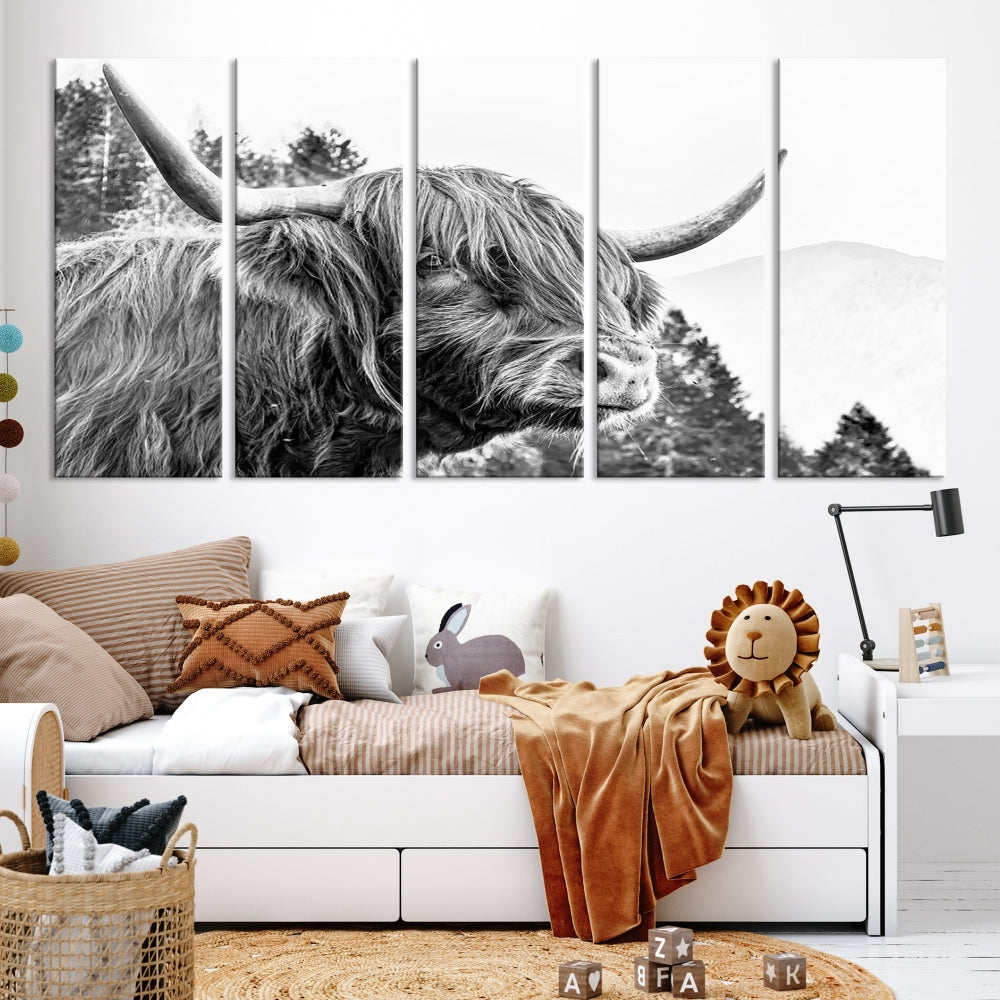 Black & White Highland Cow Wall Art Print, Scottish Cow Canvas Print, Framed Animal Farmhouse Wall Decor