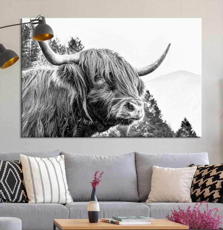 Black & White Highland Cow Wall Art Print, Scottish Cow Canvas Print, Framed Animal Farmhouse Wall Decor