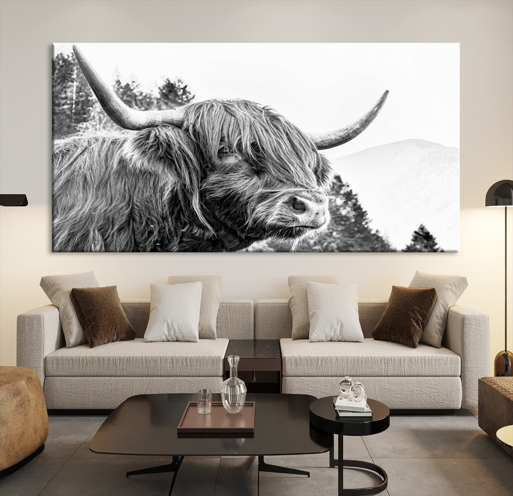 Black & White Highland Cow Wall Art Print, Scottish Cow Canvas Print, Framed Animal Farmhouse Wall Decor