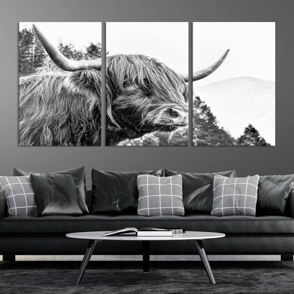 Black & White Highland Cow Wall Art Print, Scottish Cow Canvas Print, Framed Animal Farmhouse Wall Decor