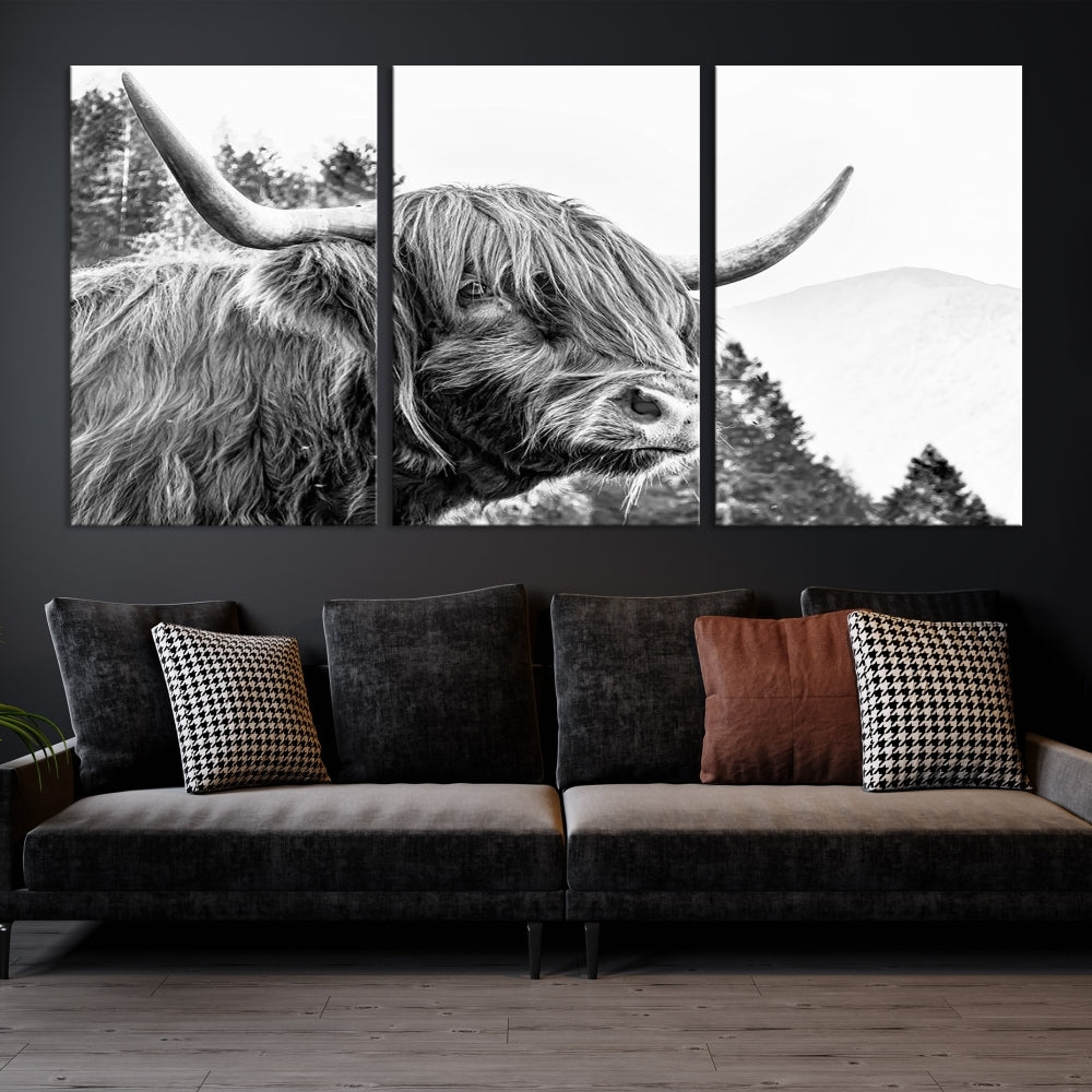 Black & White Highland Cow Wall Art Print, Scottish Cow Canvas Print, Framed Animal Farmhouse Wall Decor