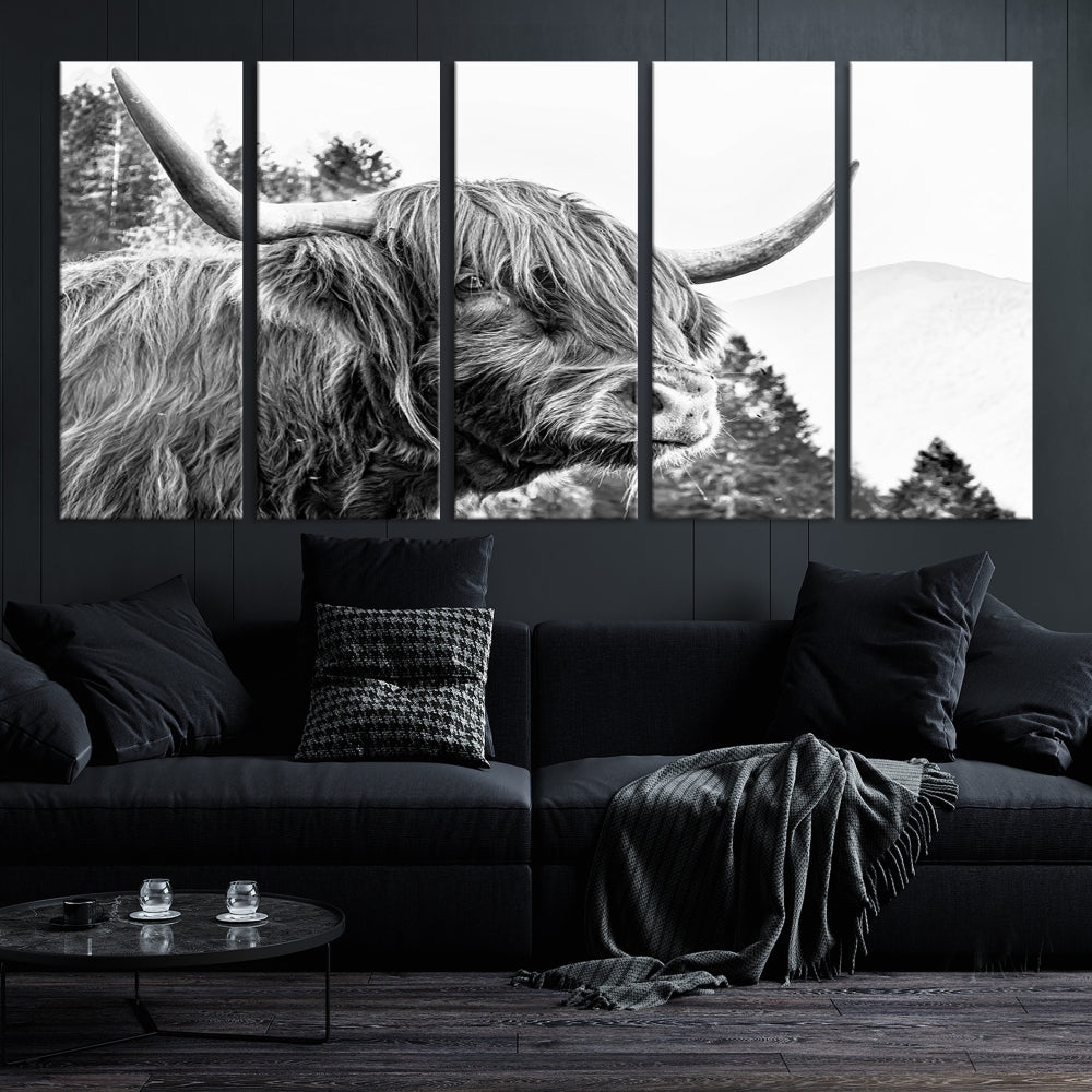 Black & White Highland Cow Wall Art Print, Scottish Cow Canvas Print, Framed Animal Farmhouse Wall Decor