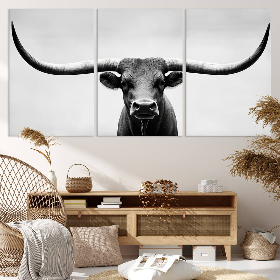 Black White Texas Longhorn Bull Horns Wall Art Canvas Print for Farmhouse Wall Decor