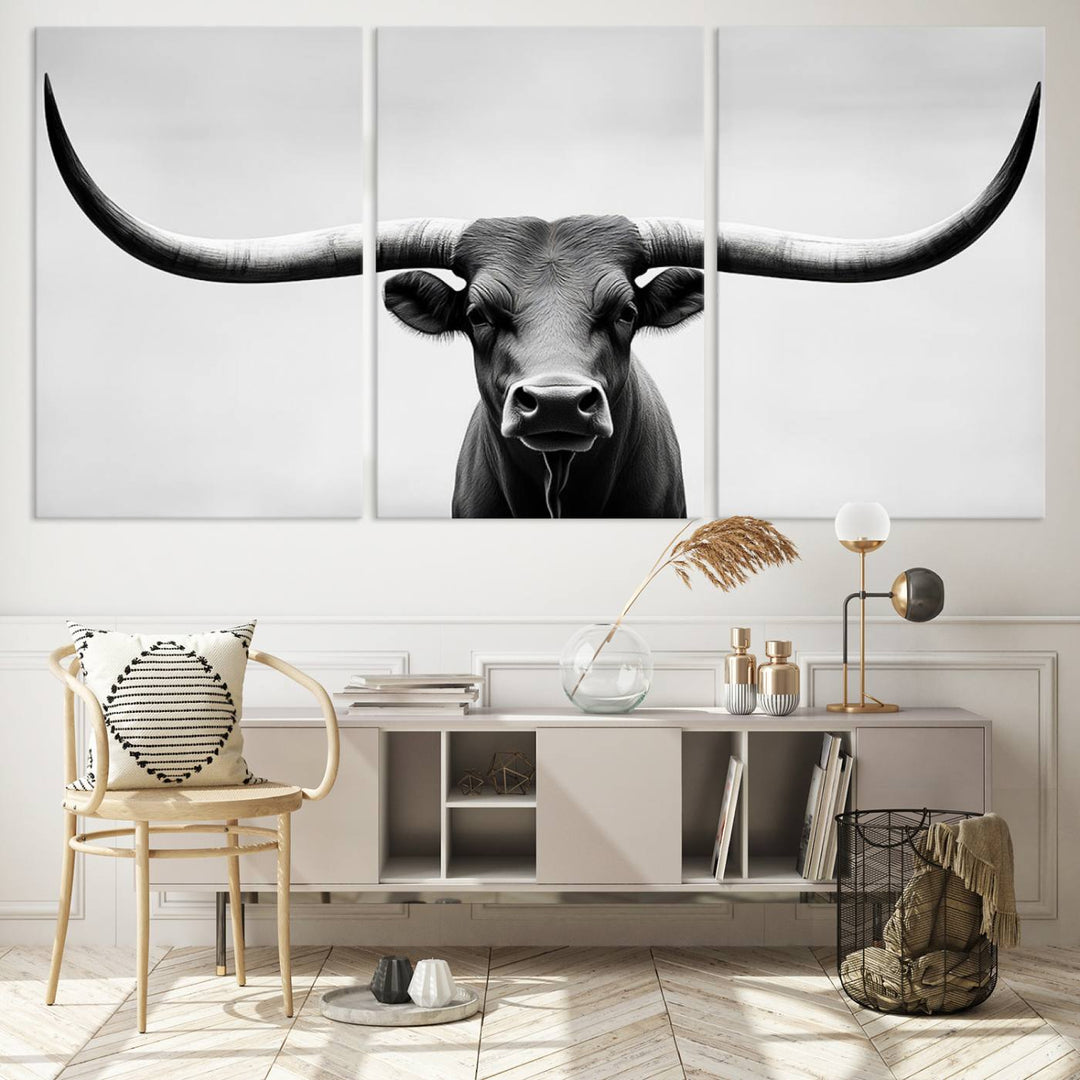 Black White Texas Longhorn Bull Horns Wall Art Canvas Print for Farmhouse Wall Decor