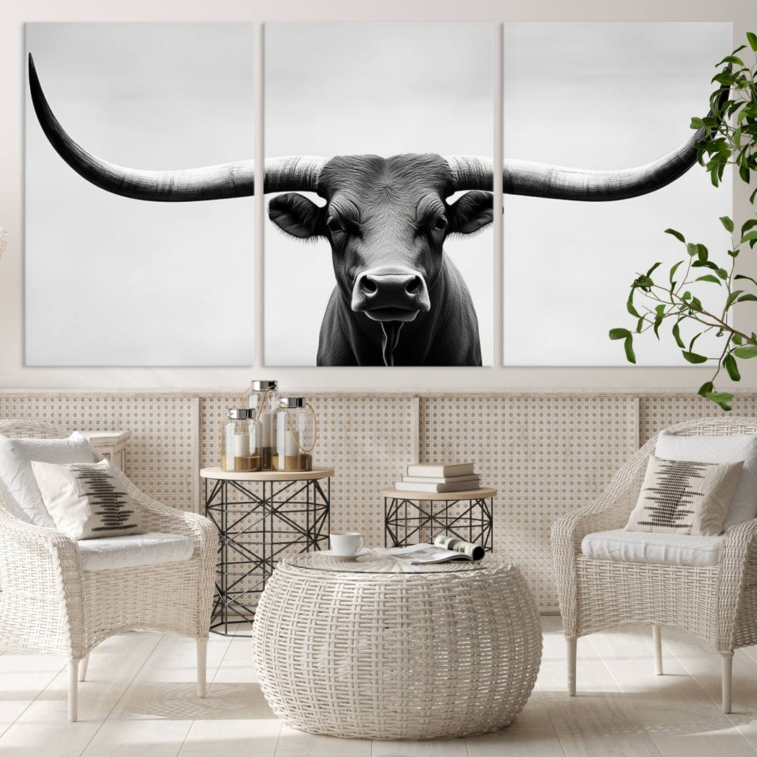 Black White Texas Longhorn Bull Horns Wall Art Canvas Print for Farmhouse Wall Decor