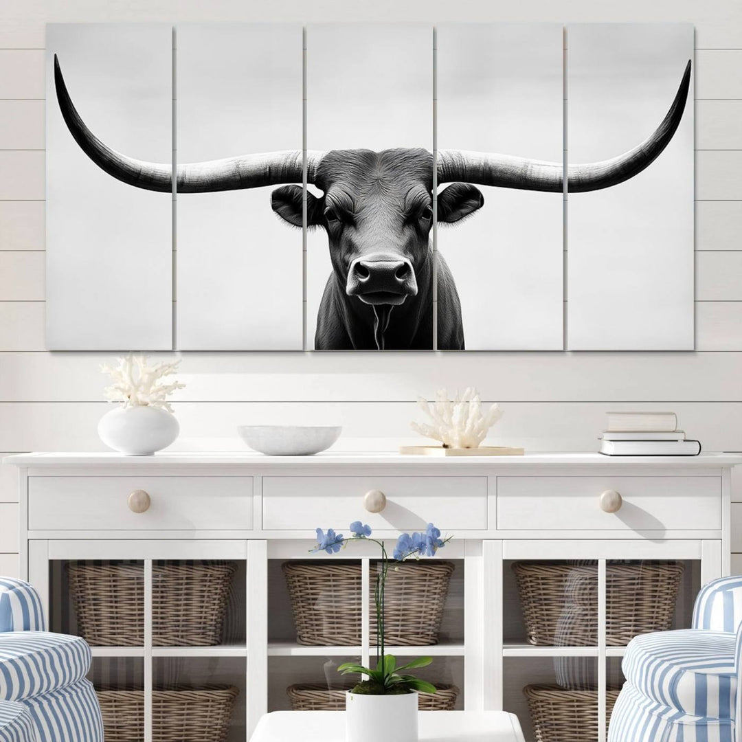 Black White Texas Longhorn Bull Horns Wall Art Canvas Print for Farmhouse Wall Decor