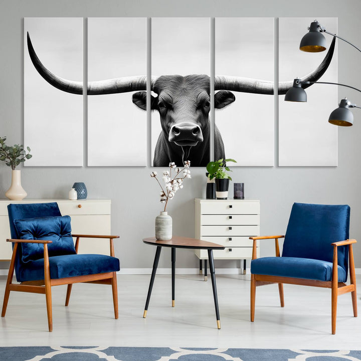 Black White Texas Longhorn Bull Horns Wall Art Canvas Print for Farmhouse Wall Decor