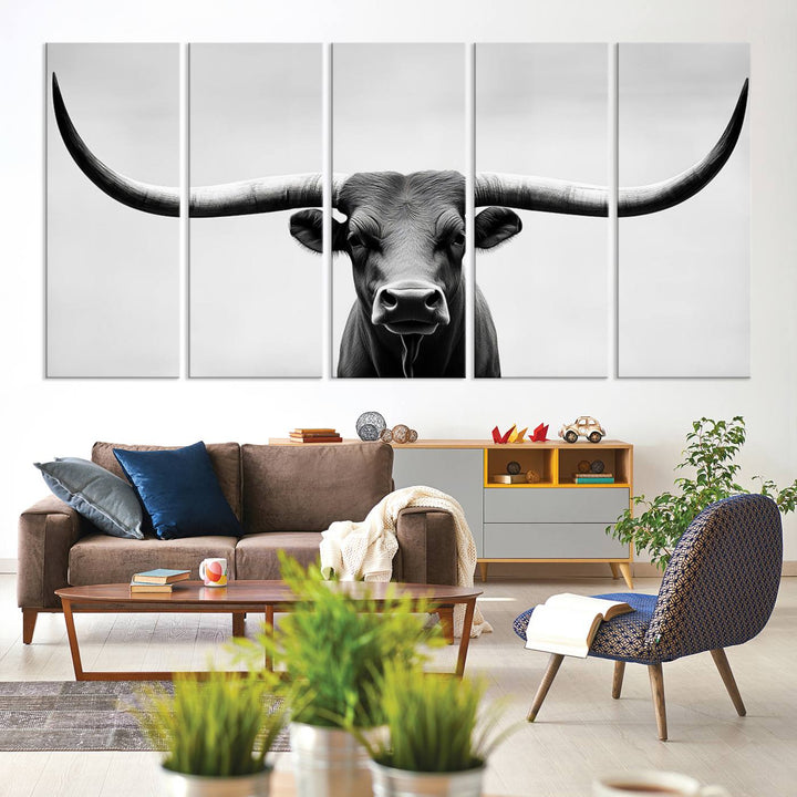 Black White Texas Longhorn Bull Horns Wall Art Canvas Print for Farmhouse Wall Decor