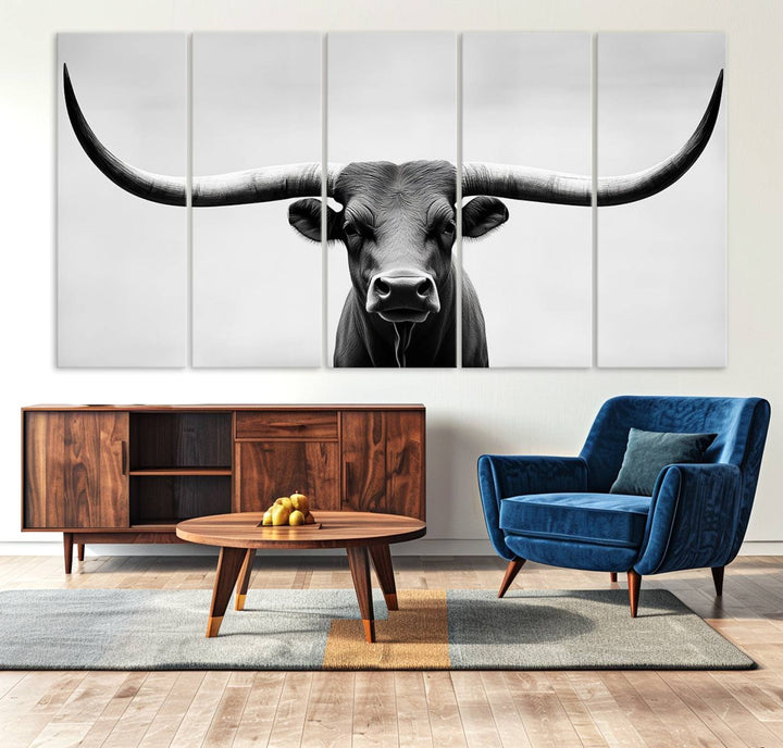 Black White Texas Longhorn Bull Horns Wall Art Canvas Print for Farmhouse Wall Decor