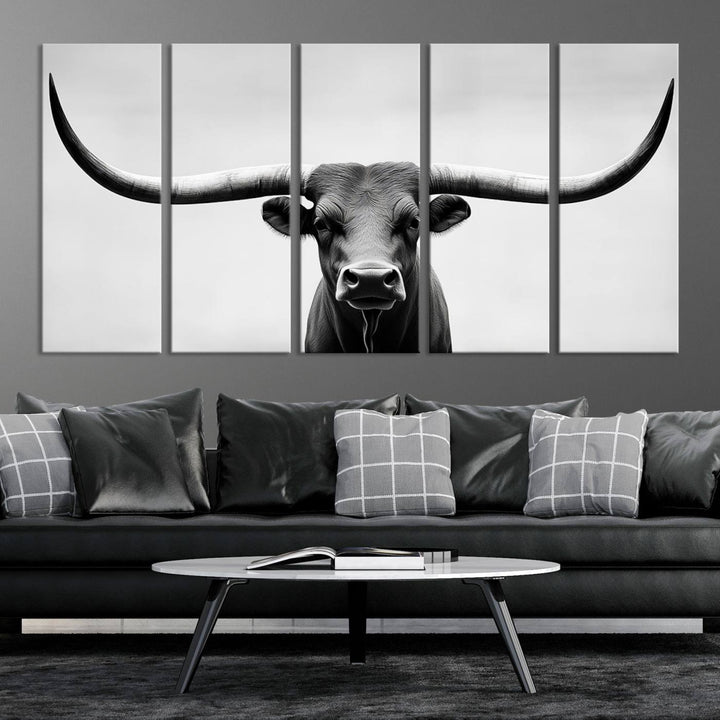 Black White Texas Longhorn Bull Horns Wall Art Canvas Print for Farmhouse Wall Decor