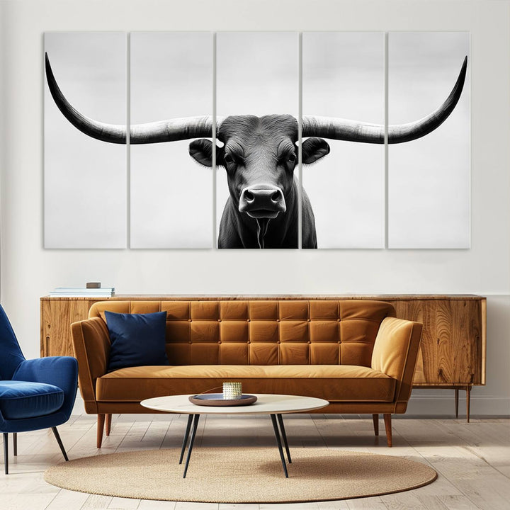 Black White Texas Longhorn Bull Horns Wall Art Canvas Print for Farmhouse Wall Decor