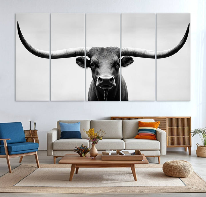 Black White Texas Longhorn Bull Horns Wall Art Canvas Print for Farmhouse Wall Decor