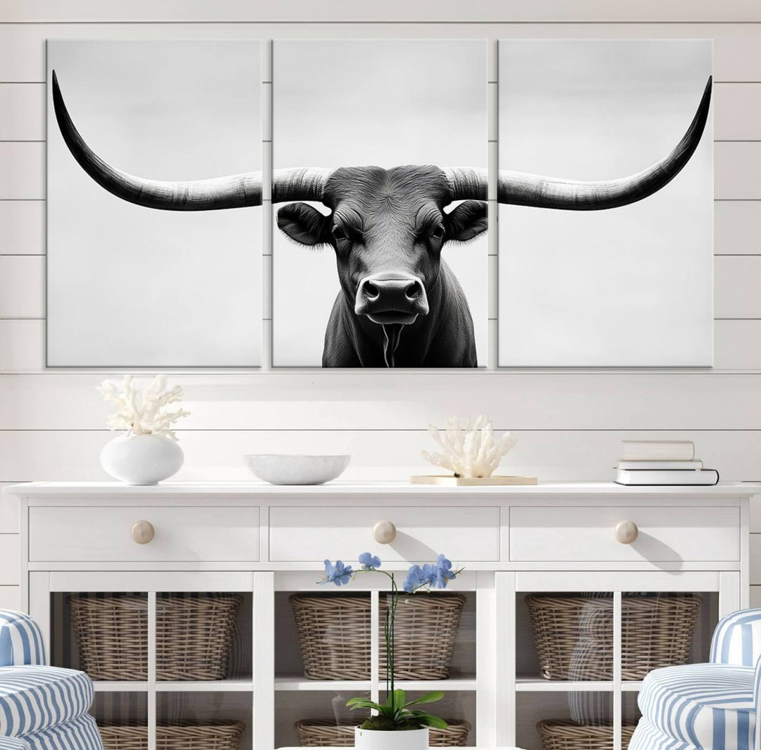 Black White Texas Longhorn Bull Horns Wall Art Canvas Print for Farmhouse Wall Decor