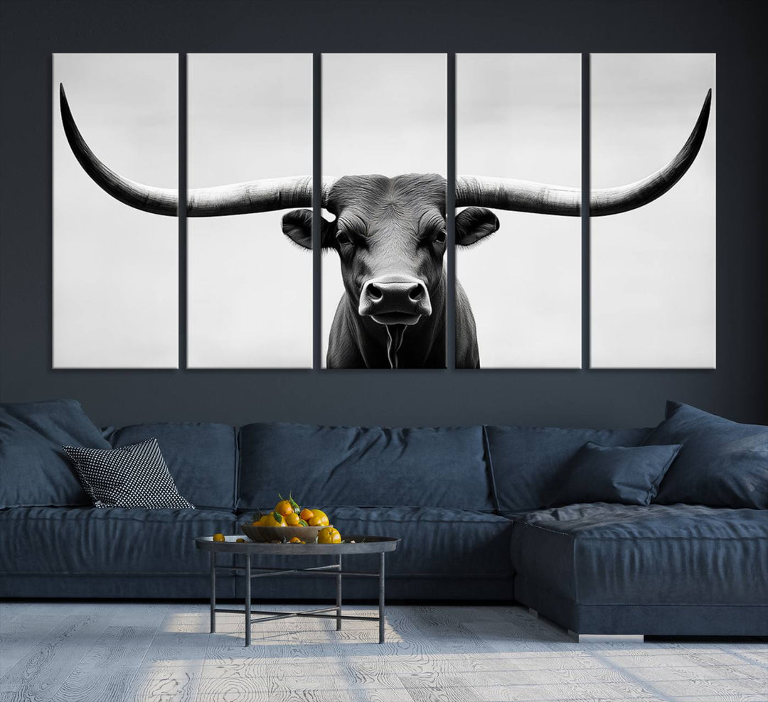 Black White Texas Longhorn Bull Horns Wall Art Canvas Print for Farmhouse Wall Decor