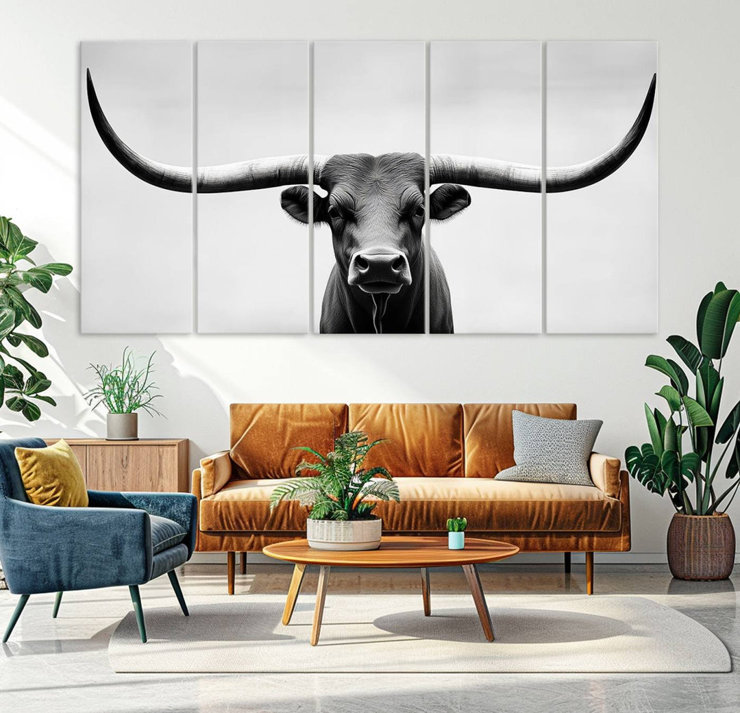 Black White Texas Longhorn Bull Horns Wall Art Canvas Print for Farmhouse Wall Decor