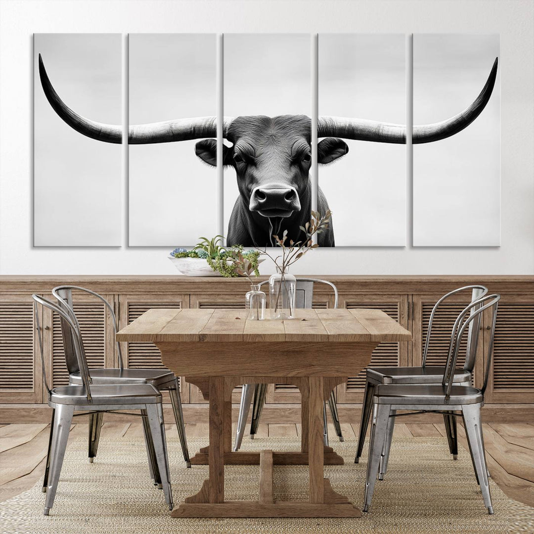 Black White Texas Longhorn Bull Horns Wall Art Canvas Print for Farmhouse Wall Decor