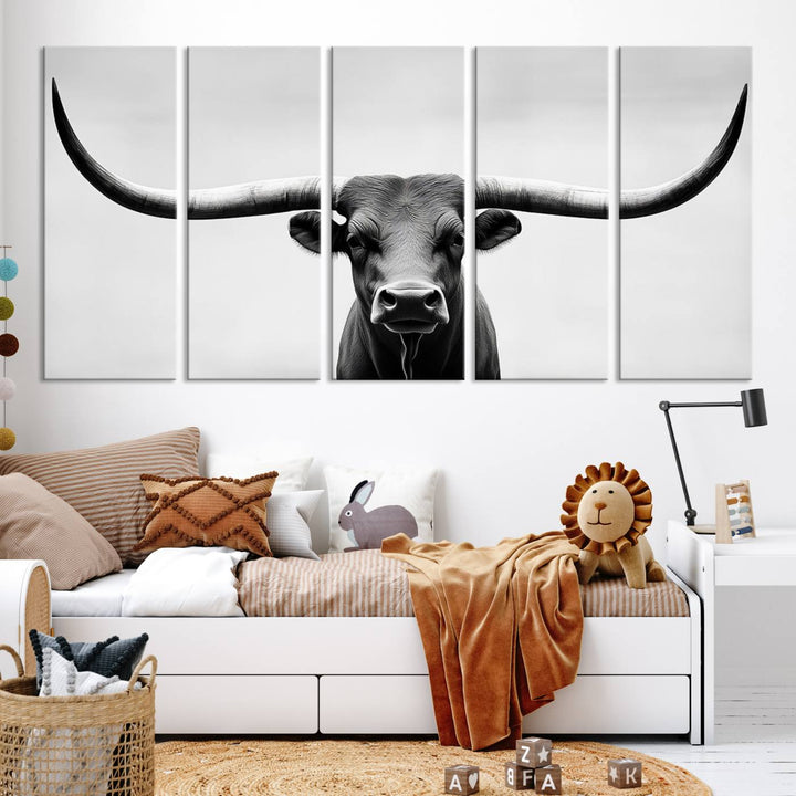 Black White Texas Longhorn Bull Horns Wall Art Canvas Print for Farmhouse Wall Decor