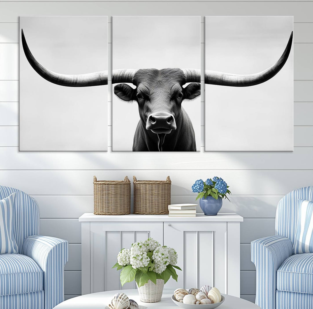 Black White Texas Longhorn Bull Horns Wall Art Canvas Print for Farmhouse Wall Decor