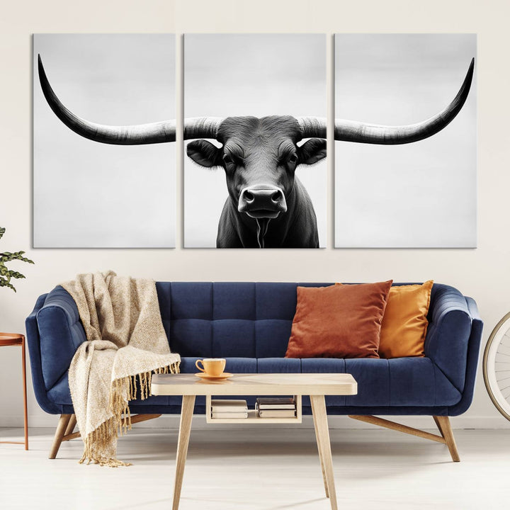 Black White Texas Longhorn Bull Horns Wall Art Canvas Print for Farmhouse Wall Decor