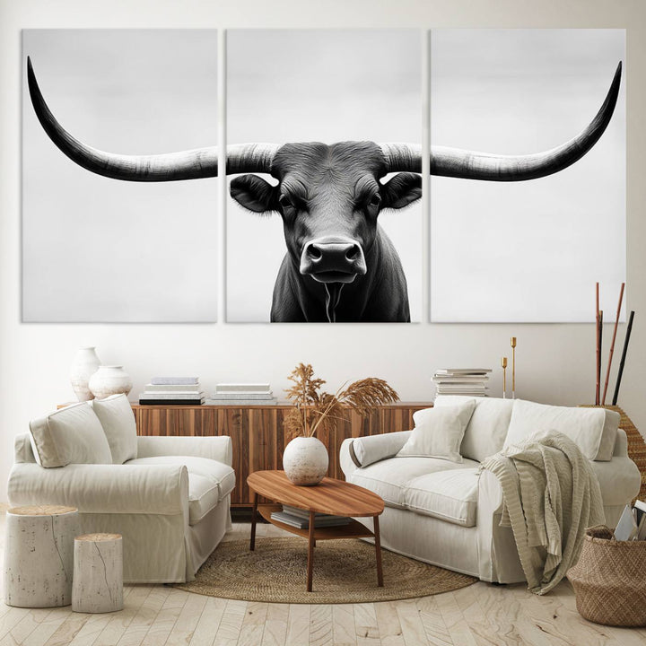 Black White Texas Longhorn Bull Horns Wall Art Canvas Print for Farmhouse Wall Decor