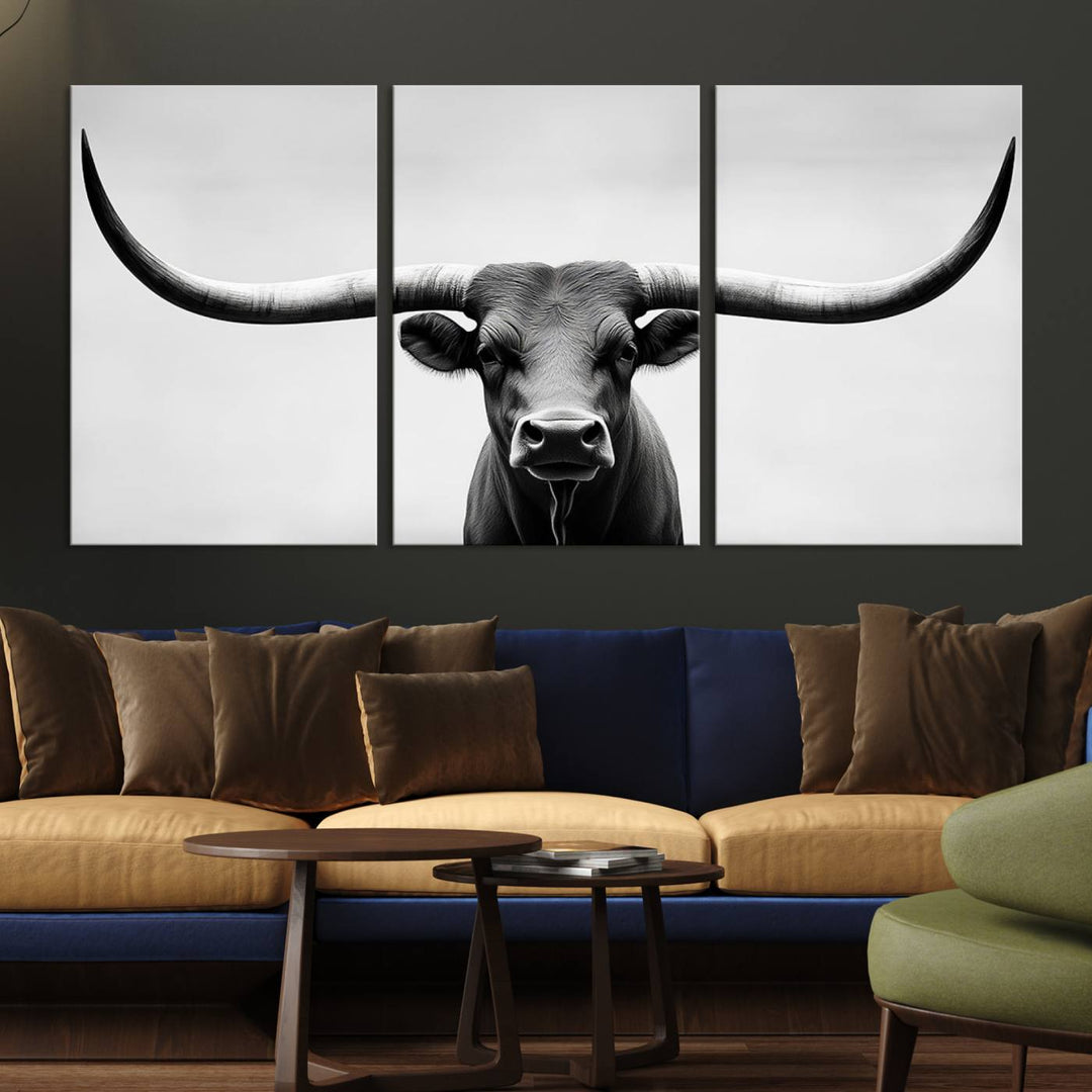 Black White Texas Longhorn Bull Horns Wall Art Canvas Print for Farmhouse Wall Decor