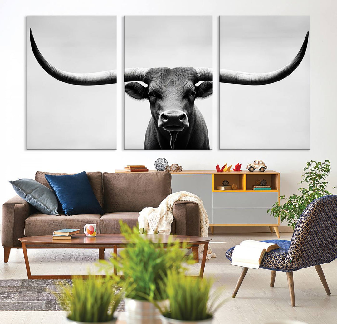 Black White Texas Longhorn Bull Horns Wall Art Canvas Print for Farmhouse Wall Decor