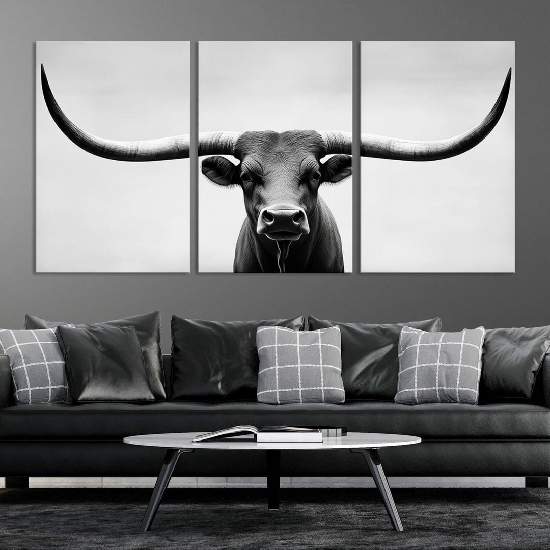 Black White Texas Longhorn Bull Horns Wall Art Canvas Print for Farmhouse Wall Decor