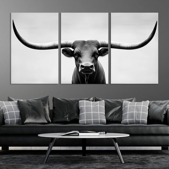 Black White Texas Longhorn Bull Horns Wall Art Canvas Print for Farmhouse Wall Decor