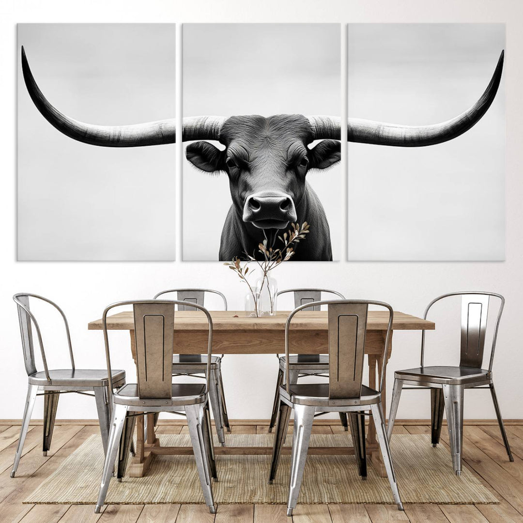 Black White Texas Longhorn Bull Horns Wall Art Canvas Print for Farmhouse Wall Decor