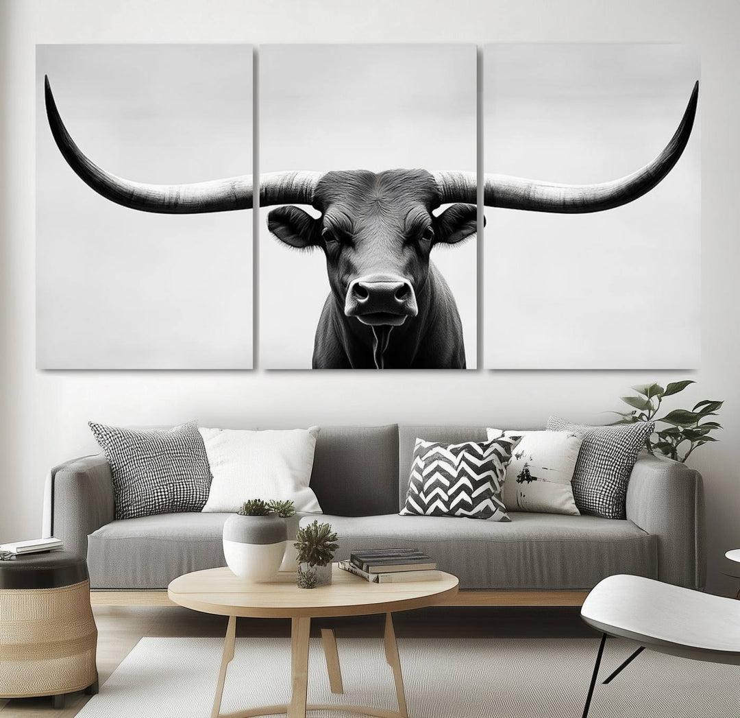 Black White Texas Longhorn Bull Horns Wall Art Canvas Print for Farmhouse Wall Decor