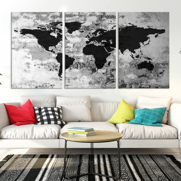 Black White Watercolor World Map Framed Canvas Wall Art Print