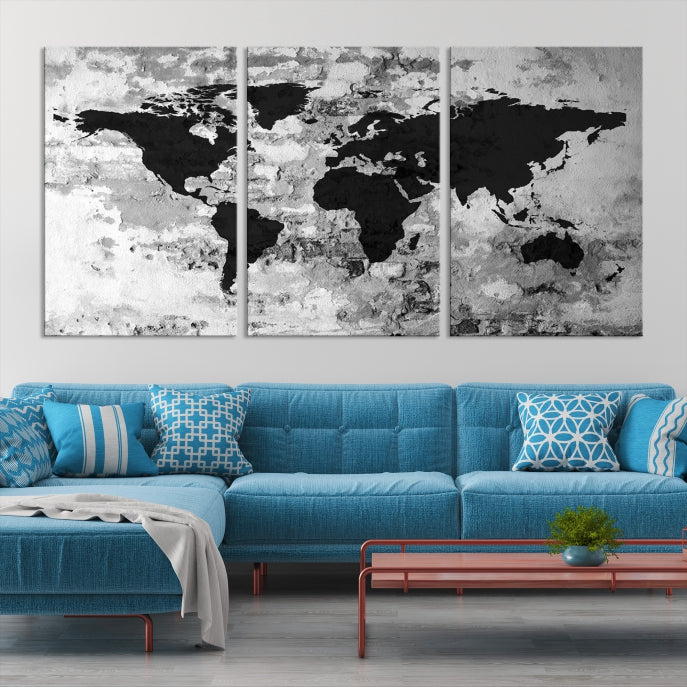 Black White Watercolor World Map Framed Canvas Wall Art Print