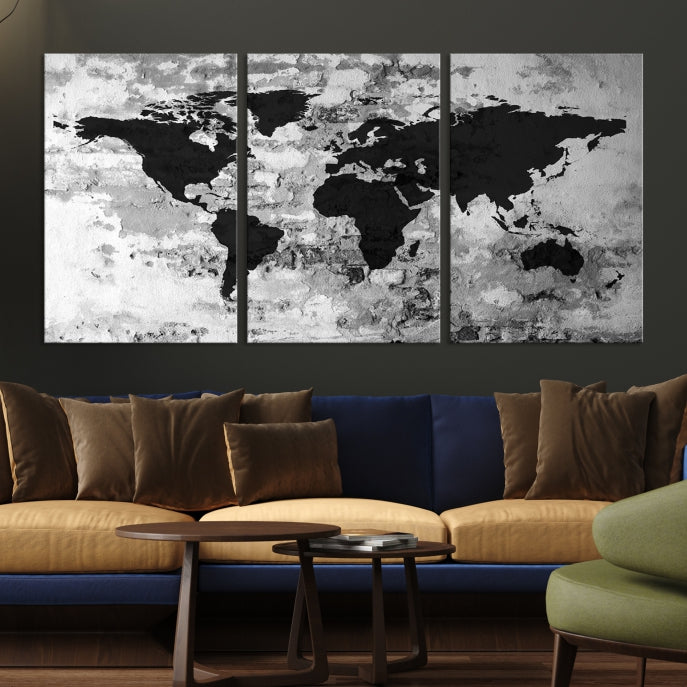 Black White Watercolor World Map Framed Canvas Wall Art Print