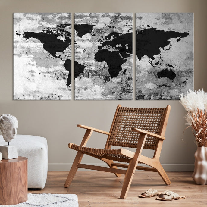 Black White Watercolor World Map Framed Canvas Wall Art Print