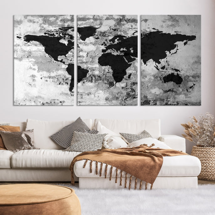 Black White Watercolor World Map Framed Canvas Wall Art Print