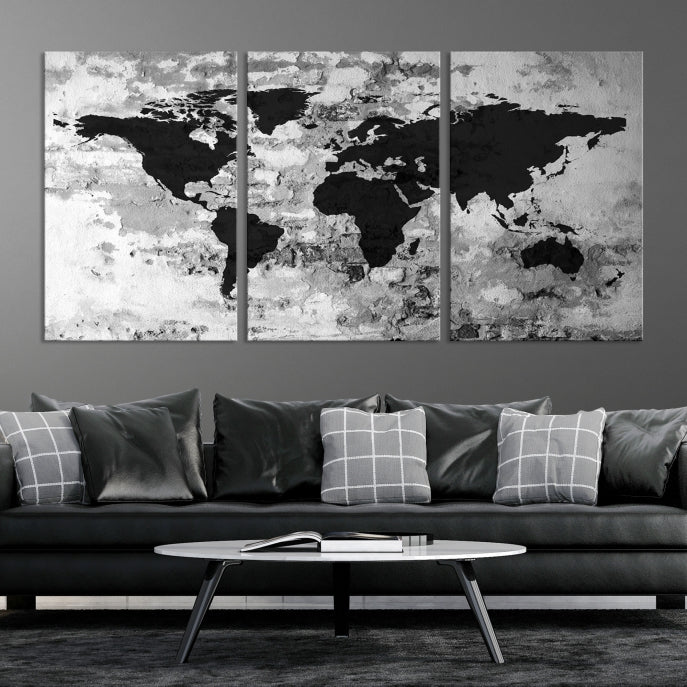 Black White Watercolor World Map Framed Canvas Wall Art Print