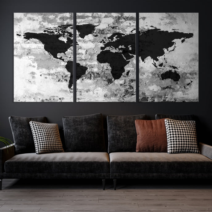 Black White Watercolor World Map Framed Canvas Wall Art Print