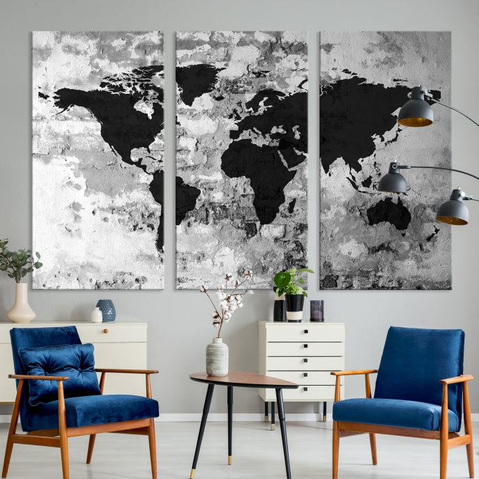 Black White Watercolor World Map Framed Canvas Wall Art Print