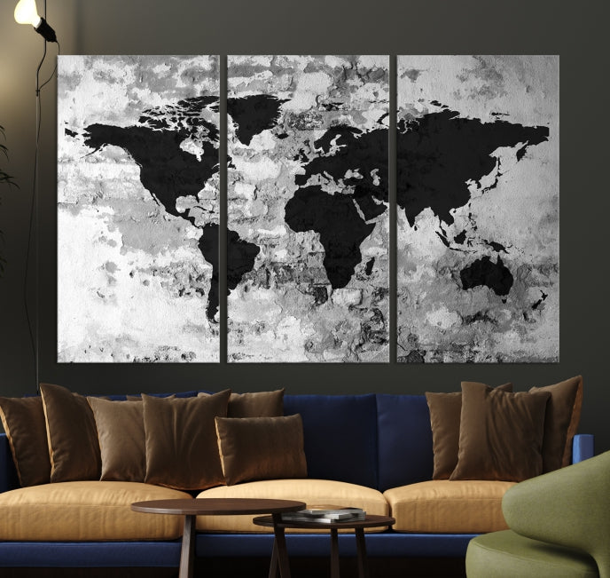 Black White Watercolor World Map Framed Canvas Wall Art Print